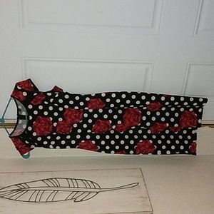 Ladies black dress with white polk a dots & red flowers size S cap sleeves    T1